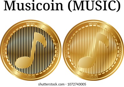 Set of physical golden coin Musicoin (MUSIC), digital cryptocurrency. Musicoin (MUSIC) icon set. Vector illustration isolated on white background.