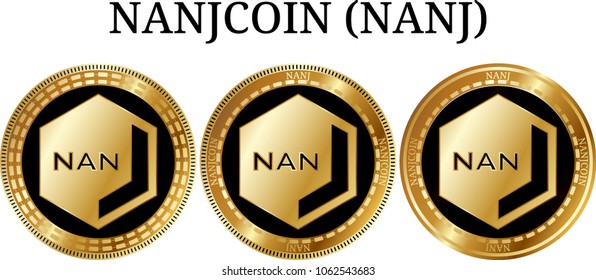 Set of physical golden coin NANJCOIN (NANJ), digital cryptocurrency. NANJCOIN (NANJ) icon set. Vector illustration isolated on white background.