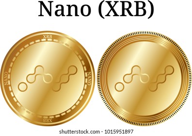 Set of physical golden coin Nano (XRB), digital cryptocurrency. Nano (XRB) icon set. Vector illustration isolated on white background.