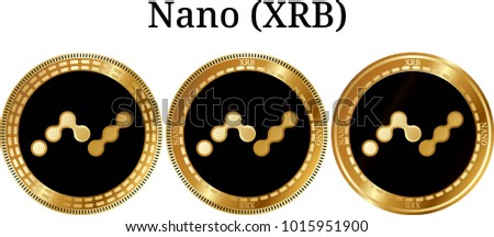 Set of physical golden coin Nano (XRB), digital cryptocurrency. Nano (XRB) icon set. Vector illustration isolated on white background.