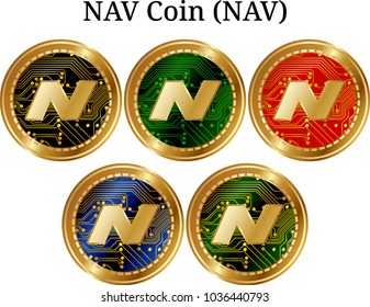 Set of physical golden coin NAV Coin (NAV), digital cryptocurrency. NAV Coin (NAV) icon set. Vector illustration isolated on white background.