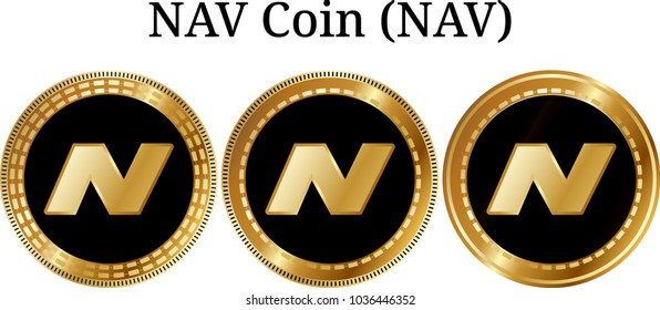 Set of physical golden coin NAV Coin (NAV), digital cryptocurrency. NAV Coin (NAV) icon set. Vector illustration isolated on white background.