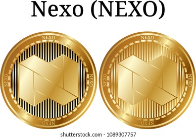 Set of physical golden coin Nexo (NEXO), digital cryptocurrency. Nexo (NEXO) icon set. Vector illustration isolated on white background.