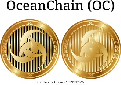 Set of physical golden coin OceanChain (OC), digital cryptocurrency. OceanChain (OC) icon set. Vector illustration isolated on white background.