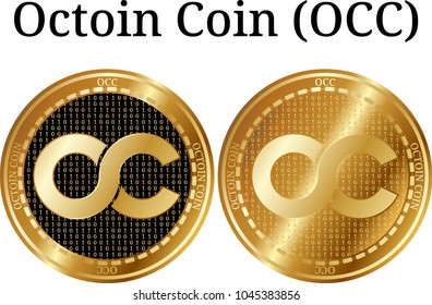 Set of physical golden coin Octoin Coin (OCC), digital cryptocurrency. Octoin Coin (OCC) icon set. Vector illustration isolated on white background.