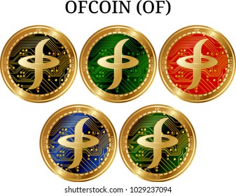 Set of physical golden coin OFCOIN (OF), digital cryptocurrency. OFCOIN (OF) icon set. Vector illustration isolated on white background.