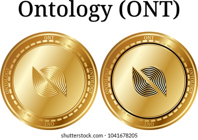 Set of physical golden coin Ontology (ONT), digital cryptocurrency. Ontology (ONT) icon set. Vector illustration isolated on white background.