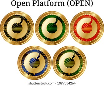 Set of physical golden coin Open Platform (OPEN), digital cryptocurrency. Open Platform (OPEN) icon set. Vector illustration isolated on white background.