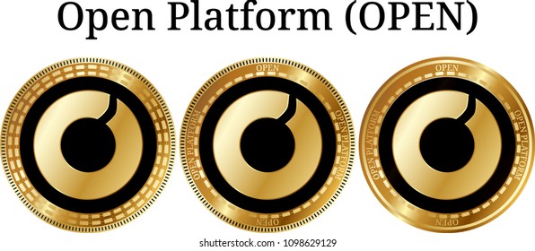 Set of physical golden coin Open Platform (OPEN), digital cryptocurrency. Open Platform (OPEN) icon set. Vector illustration isolated on white background.