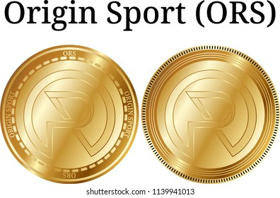Set of physical golden coin Origin Sport (ORS), digital cryptocurrency.  icon set. Vector illustration isolated on white background.