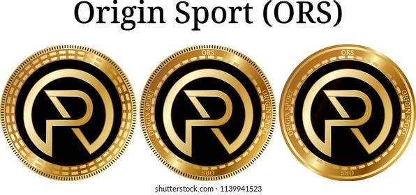 Set of physical golden coin Origin Sport (ORS), digital cryptocurrency.  icon set. Vector illustration isolated on white background.
