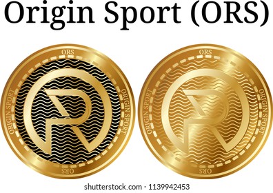 Set of physical golden coin Origin Sport (ORS), digital cryptocurrency.  icon set. Vector illustration isolated on white background.