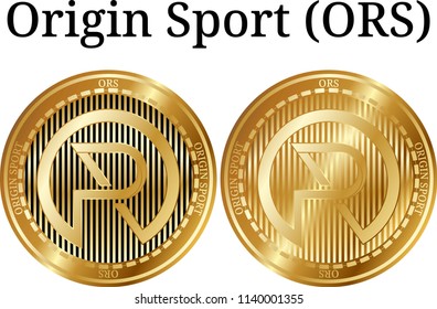 Set of physical golden coin Origin Sport (ORS), digital cryptocurrency.  icon set. Vector illustration isolated on white background.