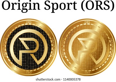 Set of physical golden coin Origin Sport (ORS), digital cryptocurrency.  icon set. Vector illustration isolated on white background.