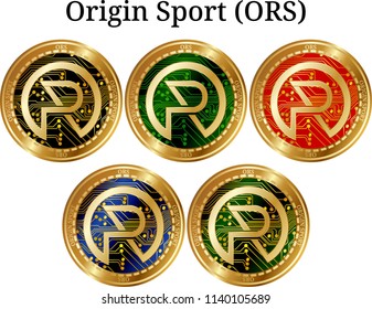 Set of physical golden coin Origin Sport (ORS), digital cryptocurrency.  icon set. Vector illustration isolated on white background.