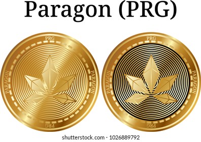 Set of physical golden coin Paragon (PRG), digital cryptocurrency. Paragon (PRG) icon set. Vector illustration isolated on white background.