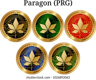 Set of physical golden coin Paragon (PRG), digital cryptocurrency. Paragon (PRG) icon set. Vector illustration isolated on white background.