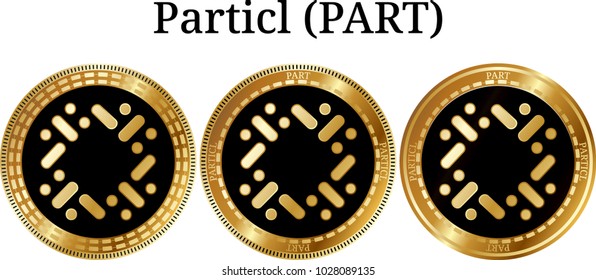 Set of physical golden coin Particl (PART), digital cryptocurrency. Particl (PART) icon set. Vector illustration isolated on white background.