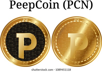 Set of physical golden coin PeepCoin (PCN), digital cryptocurrency. PeepCoin (PCN) icon set. Vector illustration isolated on white background.