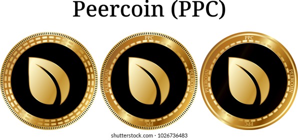 Set of physical golden coin Peercoin (PPC), digital cryptocurrency. Peercoin (PPC) icon set. Vector illustration isolated on white background.