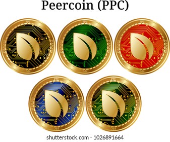 Set of physical golden coin Peercoin (PPC), digital cryptocurrency. Peercoin (PPC) icon set. Vector illustration isolated on white background.
