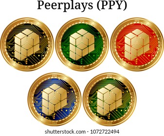 Set of physical golden coin Peerplays (PPY), digital cryptocurrency. Peerplays (PPY) icon set. Vector illustration isolated on white background.