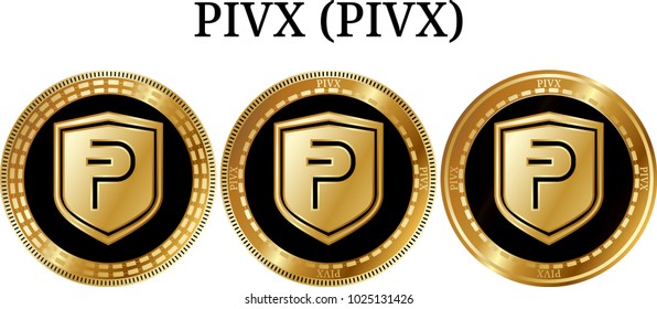 Set of physical golden coin PIVX (PIVX), digital cryptocurrency. PIVX (PIVX) icon set. Vector illustration isolated on white background.