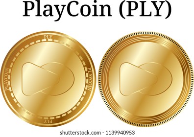 Set of physical golden coin PlayCoin (PLY), digital cryptocurrency.  icon set. Vector illustration isolated on white background.