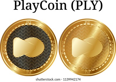 Set of physical golden coin PlayCoin (PLY), digital cryptocurrency.  icon set. Vector illustration isolated on white background.