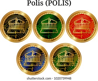 Set of physical golden coin Polis (POLIS), digital cryptocurrency. Polis (POLIS) icon set. Vector illustration isolated on white background.
