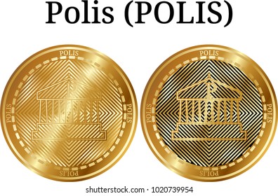 Set of physical golden coin Polis (POLIS), digital cryptocurrency. Polis (POLIS) icon set. Vector illustration isolated on white background.