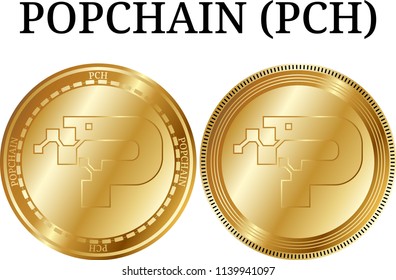 Set Of Physical Golden Coin POPCHAIN (PCH), Digital Cryptocurrency.  Icon Set. Vector Illustration Isolated On White Background.