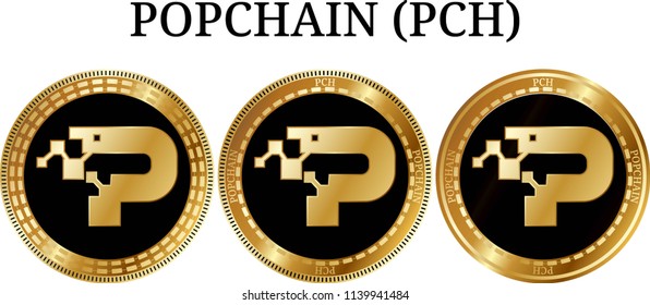 Set Of Physical Golden Coin POPCHAIN (PCH), Digital Cryptocurrency.  Icon Set. Vector Illustration Isolated On White Background.