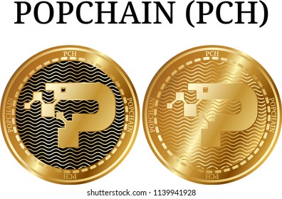 Set Of Physical Golden Coin POPCHAIN (PCH), Digital Cryptocurrency.  Icon Set. Vector Illustration Isolated On White Background.