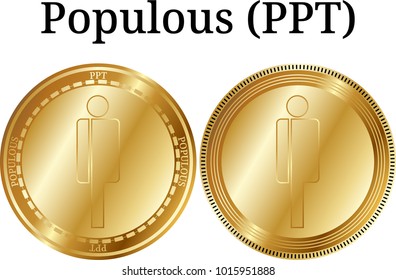 Set of physical golden coin Populous (PPT), digital cryptocurrency. Populous (PPT) icon set. Vector illustration isolated on white background.