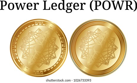 Set of physical golden coin Power Ledger (POWR), digital cryptocurrency. Power Ledger (POWR) icon set. Vector illustration isolated on white background.