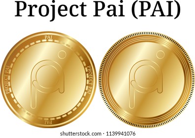 Set of physical golden coin Project Pai (PAI), digital cryptocurrency.  icon set. Vector illustration isolated on white background.