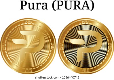 Set of physical golden coin Pura (PURA), digital cryptocurrency. Pura (PURA) icon set. Vector illustration isolated on white background.