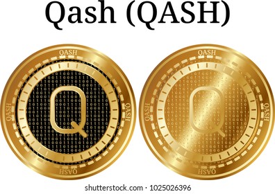 Set of physical golden coin Qash (QASH), digital cryptocurrency. Qash (QASH) icon set. Vector illustration isolated on white background.