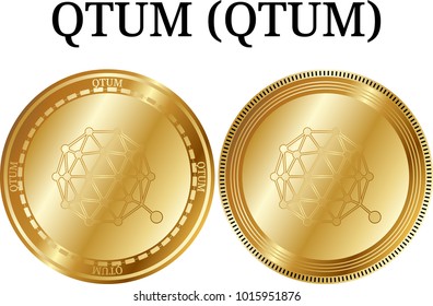 Set of physical golden coin QTUM (QTUM), digital cryptocurrency. QTUM (QTUM) icon set. Vector illustration isolated on white background.