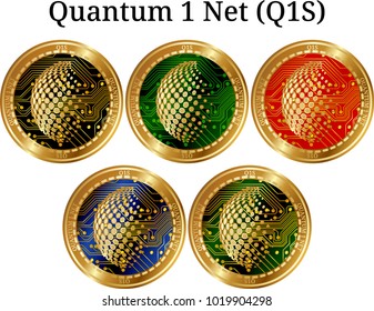 Set of physical golden coin Quantum 1 Net (Q1S), digital cryptocurrency. Quantum 1 Net (Q1S) icon set. Vector illustration isolated on white background.