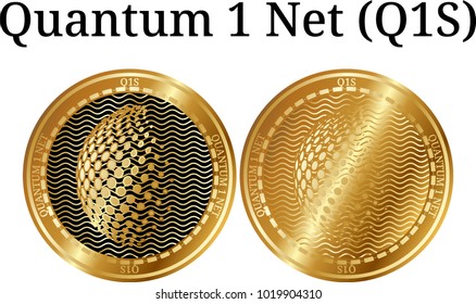 Set of physical golden coin Quantum 1 Net (Q1S), digital cryptocurrency. Quantum 1 Net (Q1S) icon set. Vector illustration isolated on white background.