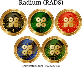 Set of physical golden coin Radium (RADS), digital cryptocurrency. Radium (RADS) icon set. Vector illustration isolated on white background.