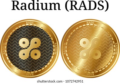 Set of physical golden coin Radium (RADS), digital cryptocurrency. Radium (RADS) icon set. Vector illustration isolated on white background.