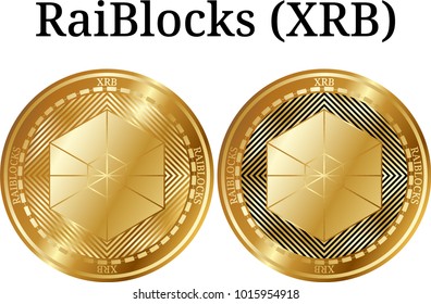 Set of physical golden coin Raiblocks (XRB), digital cryptocurrency. Raiblocks (XRB) icon set. Vector illustration isolated on white background.