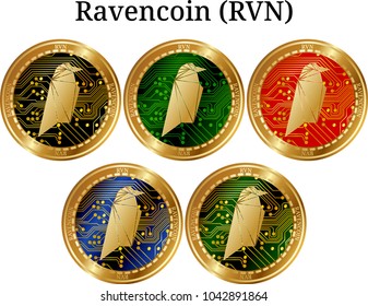 Set of physical golden coin Ravencoin (RVN), digital cryptocurrency. Ravencoin (RVN) icon set. Vector illustration isolated on white background.