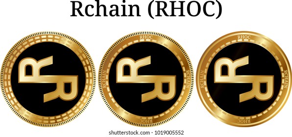 Set of physical golden coin Rchain (RHOC), digital cryptocurrency. Rchain (RHOC) icon set. Vector illustration isolated on white background.