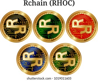 Set of physical golden coin Rchain (RHOC), digital cryptocurrency. Rchain (RHOC) icon set. Vector illustration isolated on white background.