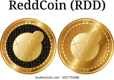 Set of physical golden coin ReddCoin (RDD), digital cryptocurrency. ReddCoin (RDD) icon set. Vector illustration isolated on white background.