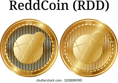 Set of physical golden coin ReddCoin (RDD), digital cryptocurrency. ReddCoin (RDD) icon set. Vector illustration isolated on white background.